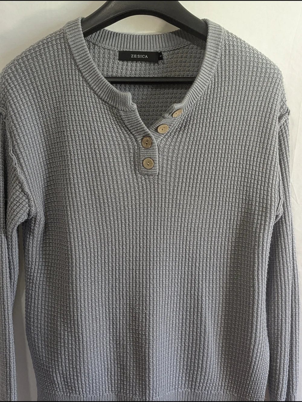 ZESICA Gray Waffle Knit Henley Sweater High Low Hem Side Slit Women's Small